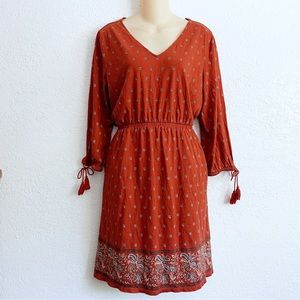 Garnett Hill Brick Rust Tassle-Tie Knit Cotton Blend Dress MEDIUM Floral Pockets